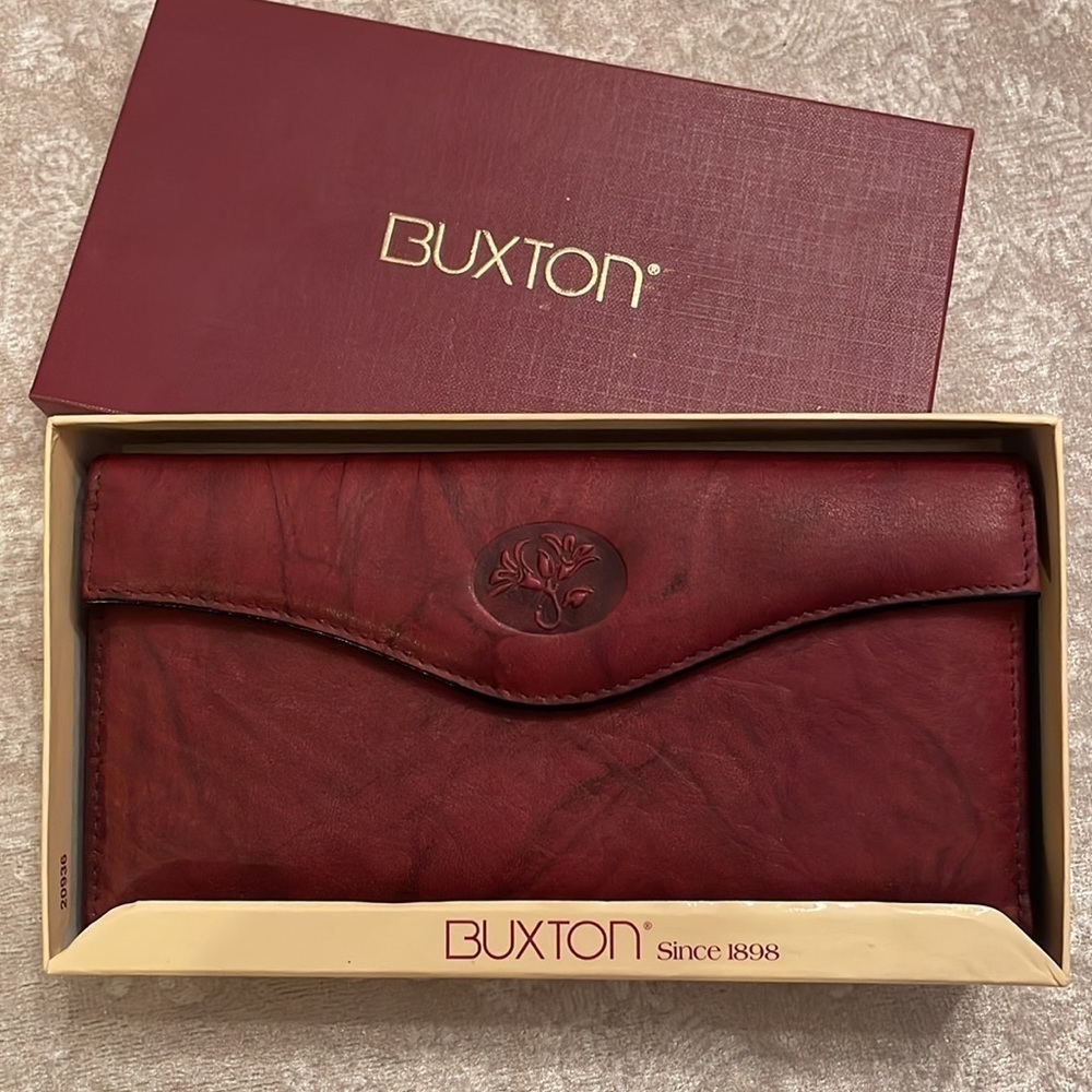 Brand New Buxton Genuine Leather Organizer Clutch Snap Trifold Wallet Burgundy